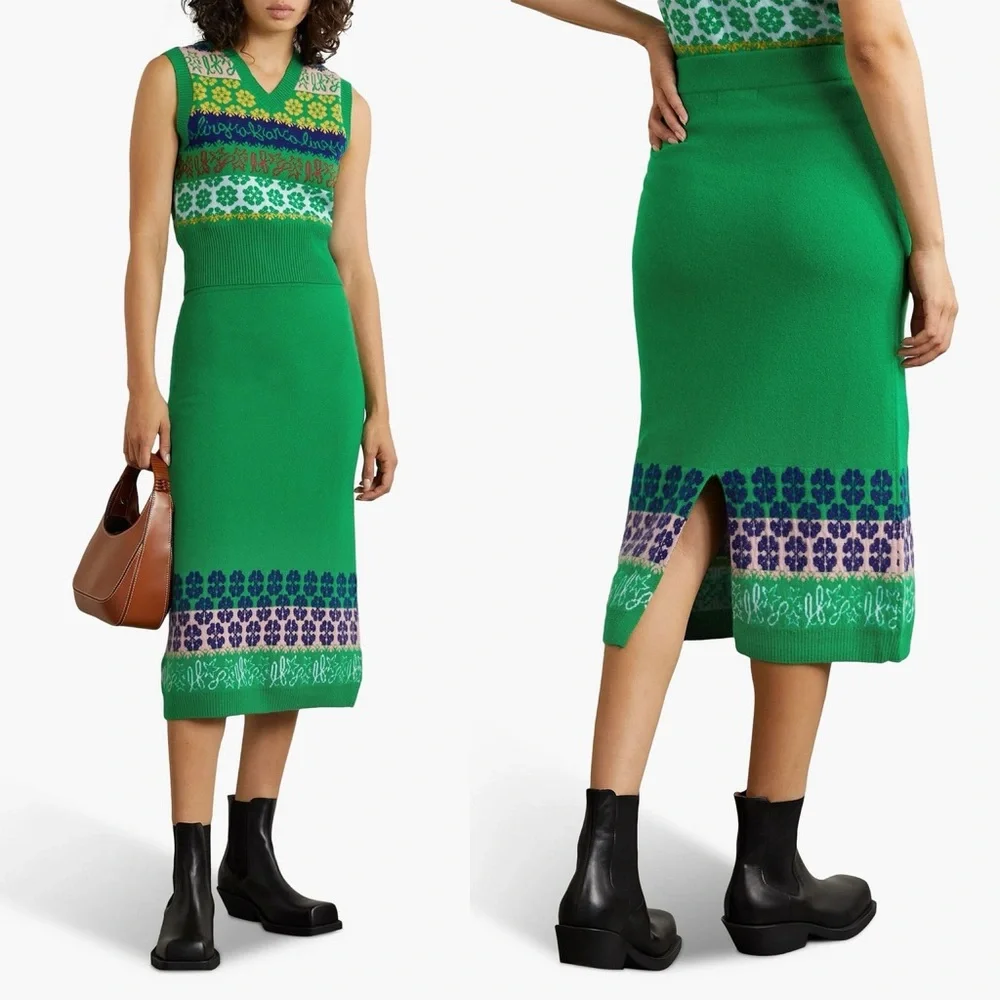 Lingua Franca Jacquard-Knit 100% Cashmere Midi Skirt – Green, Size Small New